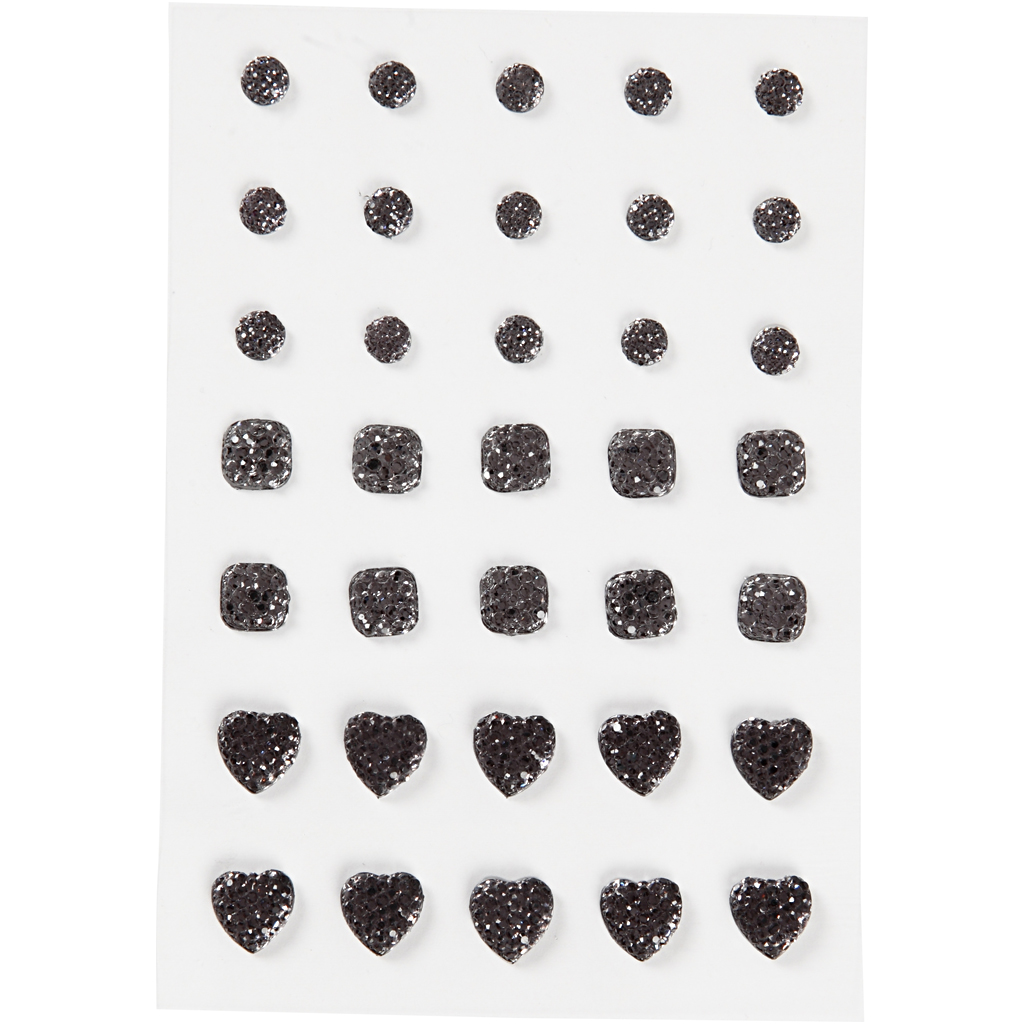 Pierres de Strass rond carré coeur, noir dim:6+8+10mm, 35 pc