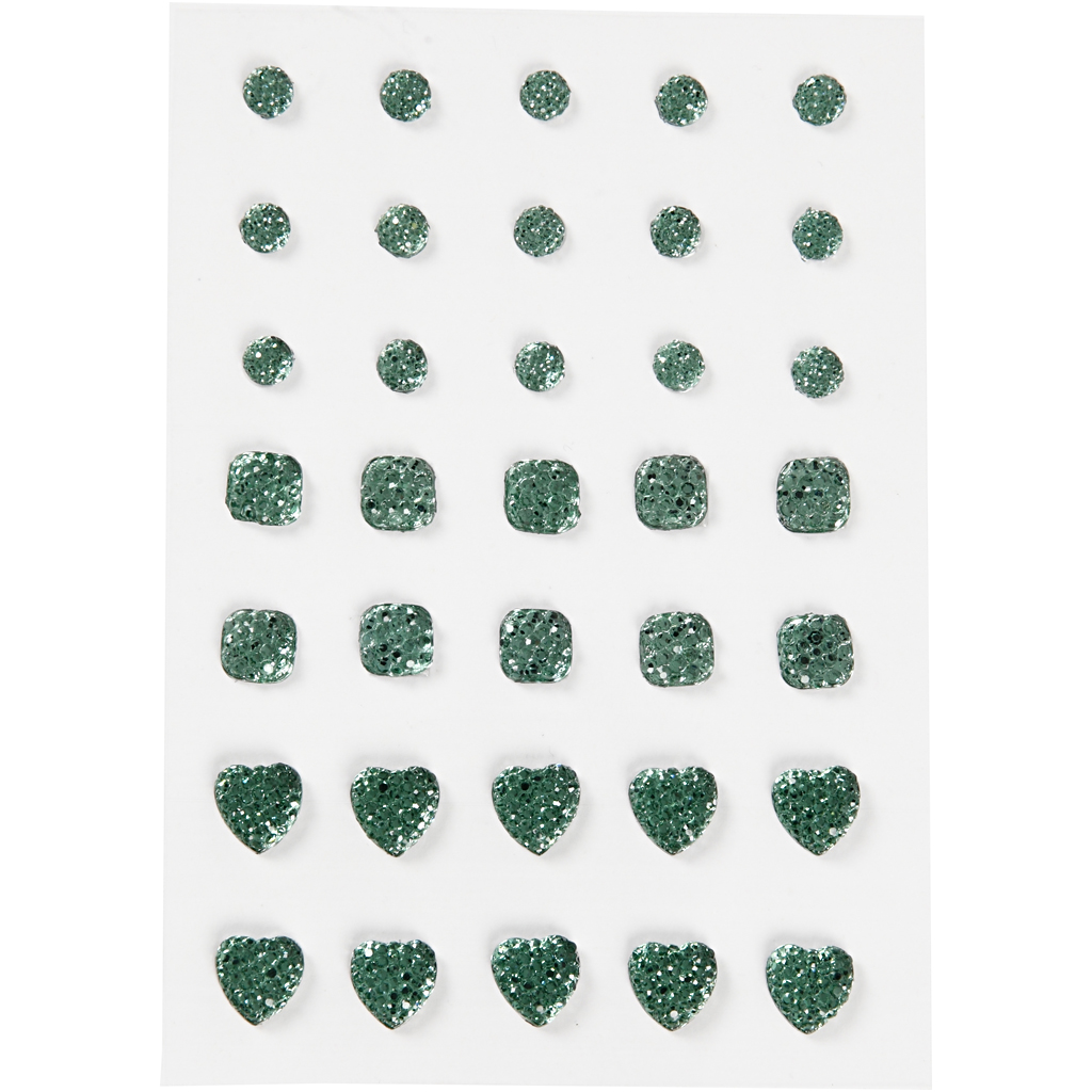 Pierres de Strass rond carré coeur, vert dim:6+8+10mm, 35 pc