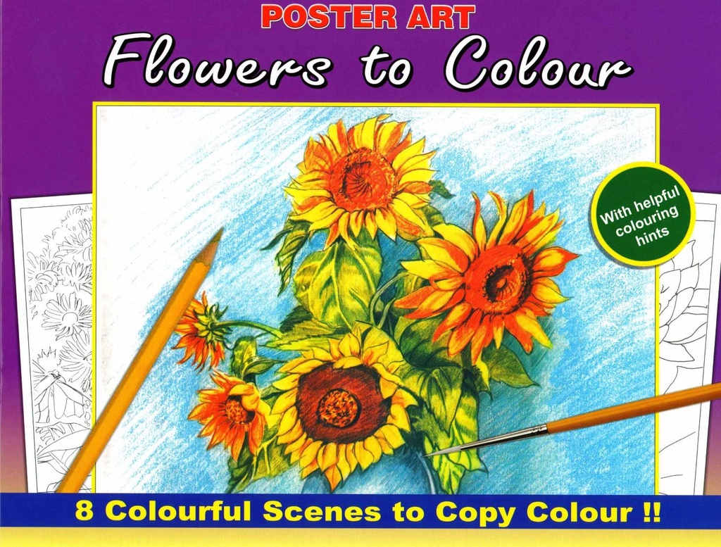 Kleurboek 30x23 cm, 8 in te kleuren prenten, "Flowers"
