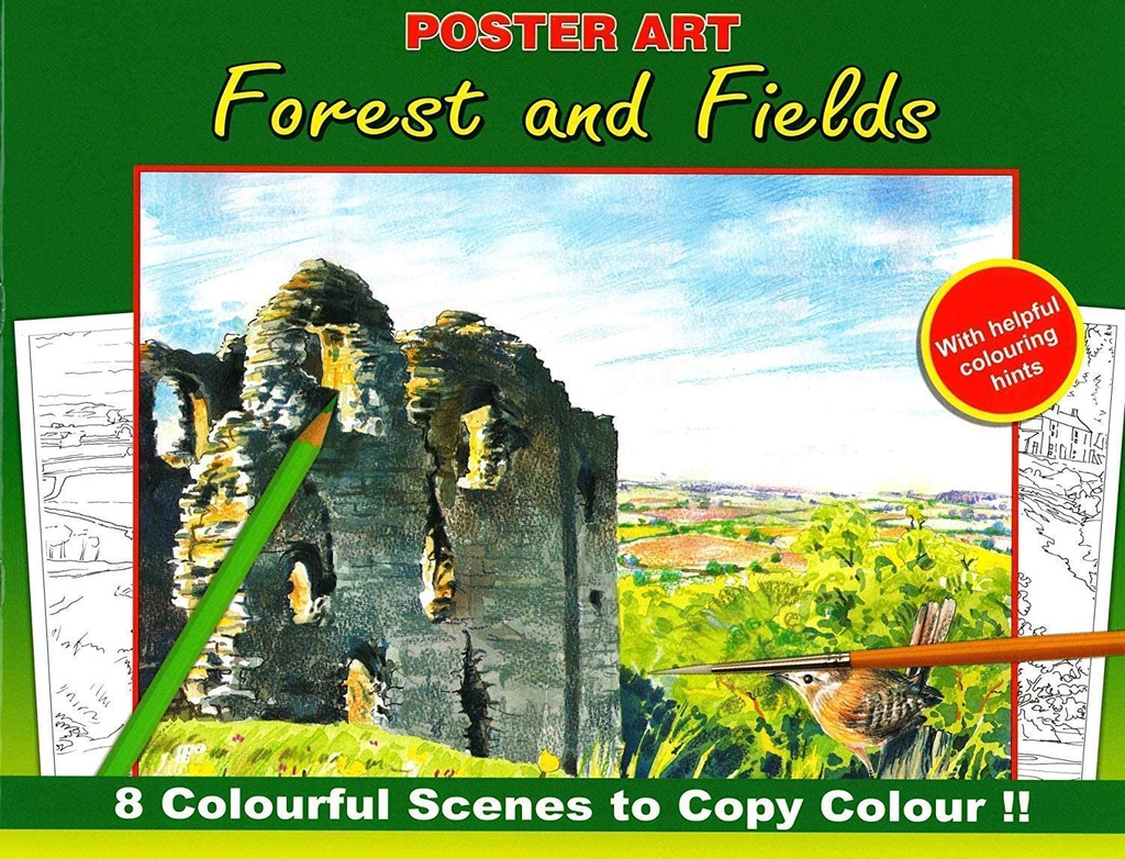 Kleurboek 30x23 cm, 8 in te kleuren prenten, "Forest and fields"