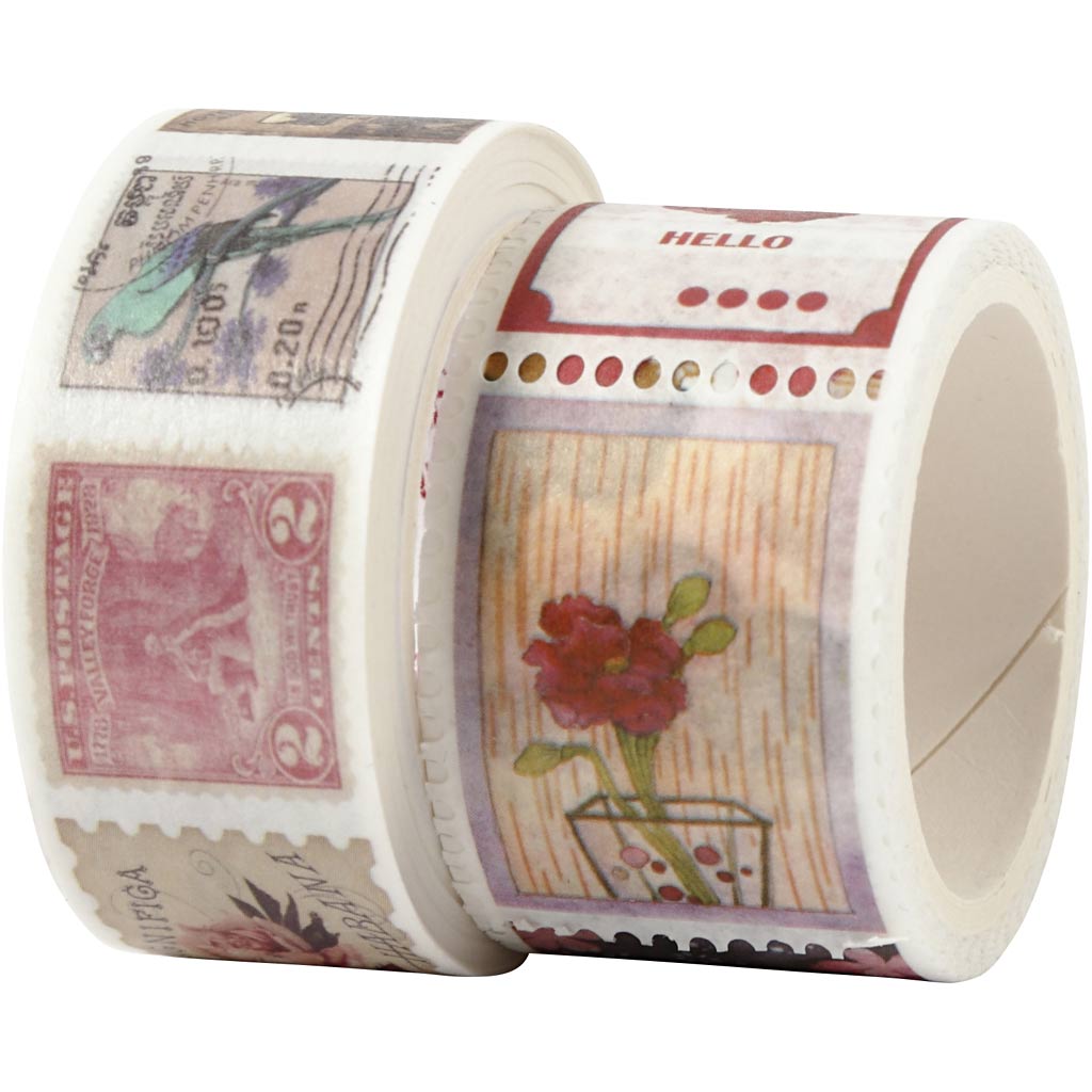 Ruban adhésif Washi Tape, Motif tampon et fleur, L: 3+5 m, L: 20+25 mm, 2 rouleau/ 1 Pq.