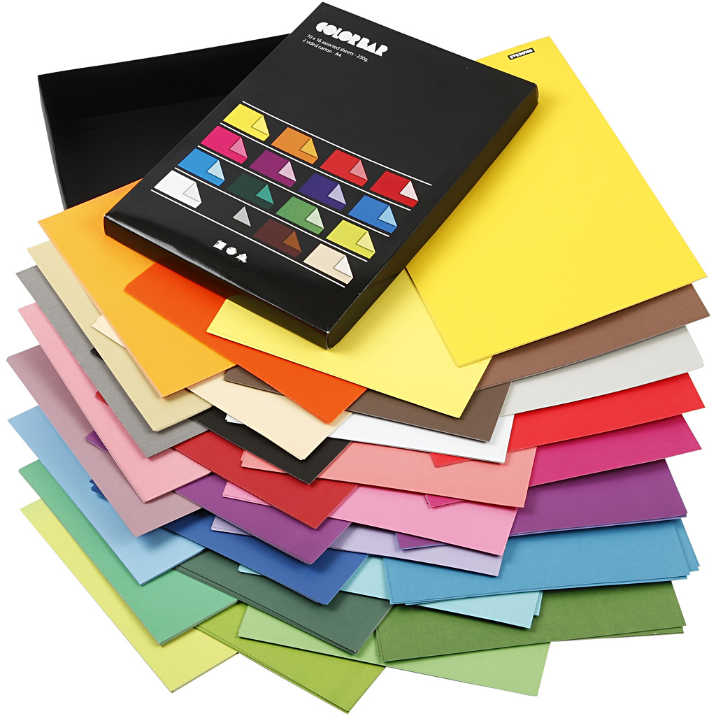 Color Bar karton, diverse kleuren, A4, 210x297 mm, 250 gr, 16x10 vel/ 1 doos