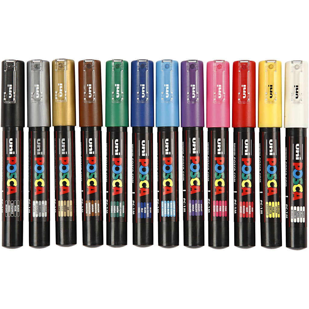 Set Posca Marker, diverse kleuren, afm PC-1M, lijndikte 0,7 mm, extra-fijn, 12 stuk/ 1 doos