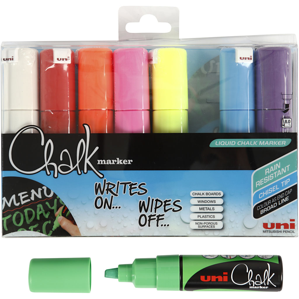 Chalk Marker, diverse kleuren, lijndikte 8 mm, 8 stuks