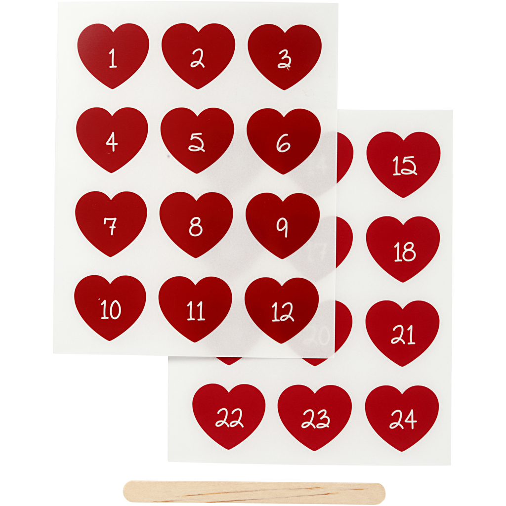 Rub-on Sticker hart advent cijfers, H: 32 mm, B: 28 mm - 24 stuks