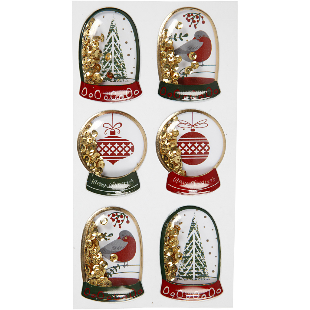 Shaker stickers, goud, vogel, boom en kerstballen, afm 49x32+45x36 mm, 6 stuks