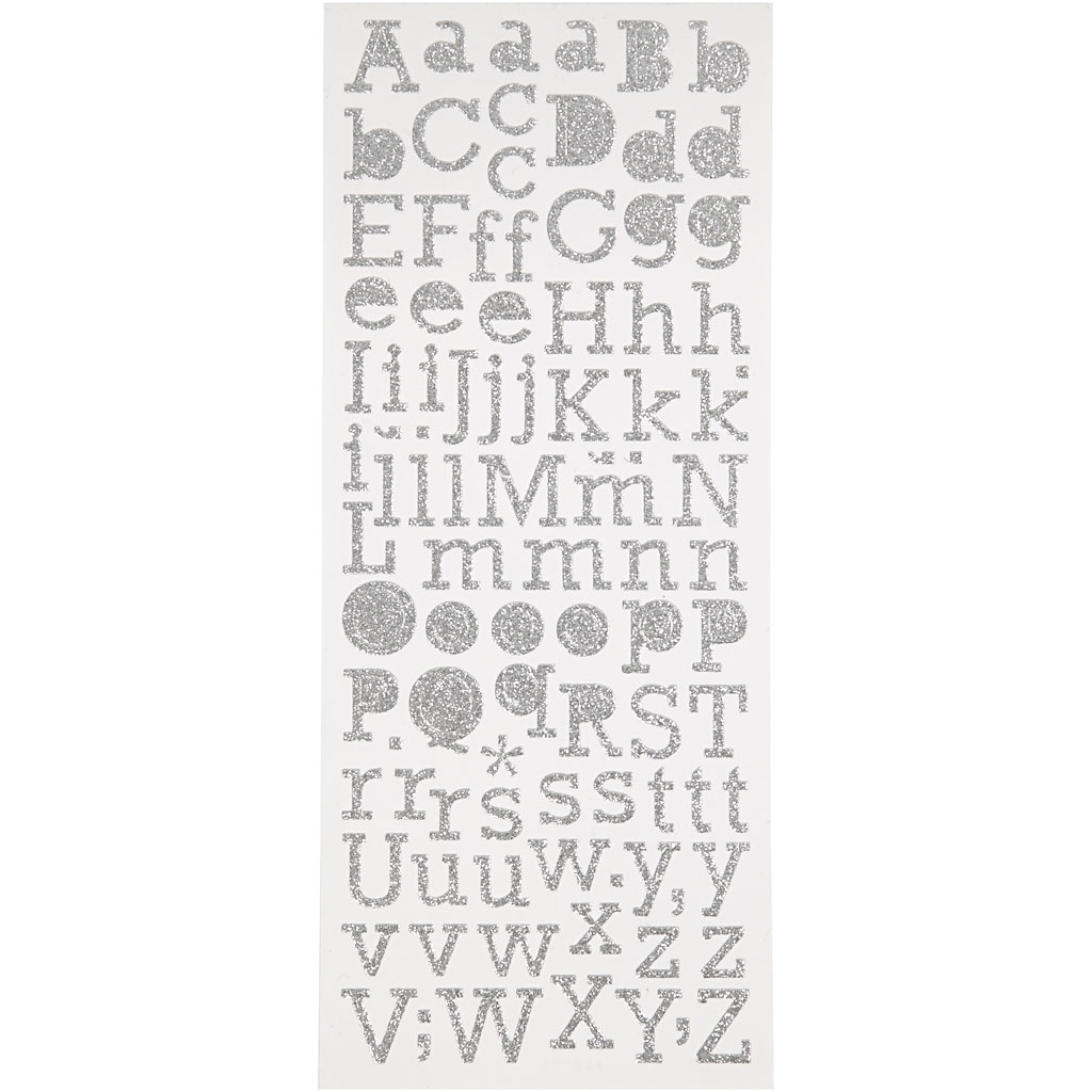 Glitterstickers, zilver, letters, 10x24 cm, 2 vel/ 1 doos