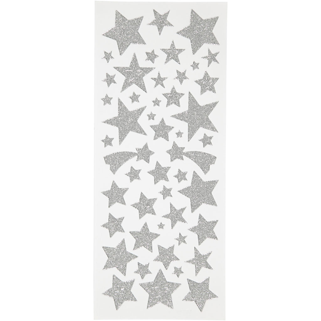 Glitterstickers sterren zilver, 10x24 cm - 2 vel