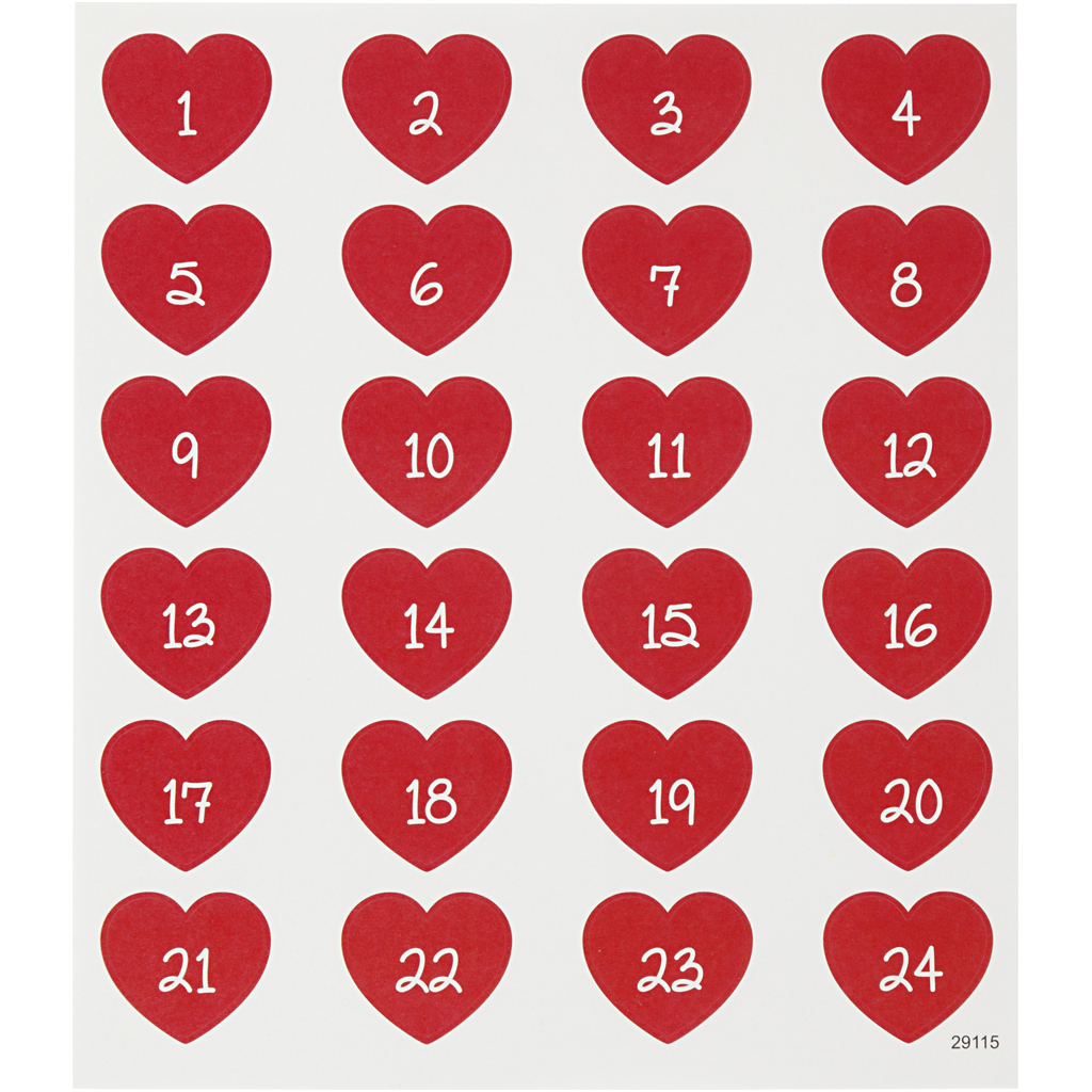 Stickers cijfers (1-24) hart 15x16,5 cm, rood - 24 stuks