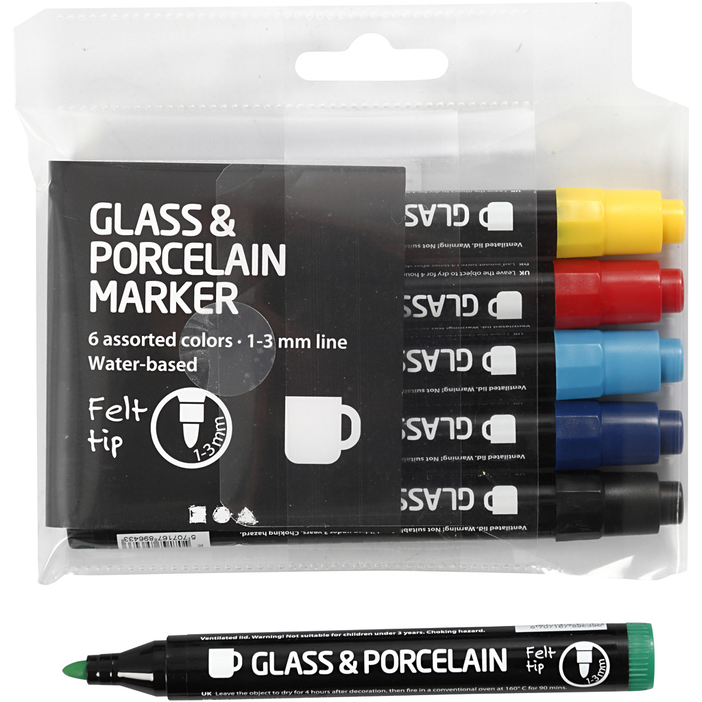 Glas- & Porseleinstiften standaardkleuren, lijndikte 1-3 mm, semi-dekkend, 6 stuks