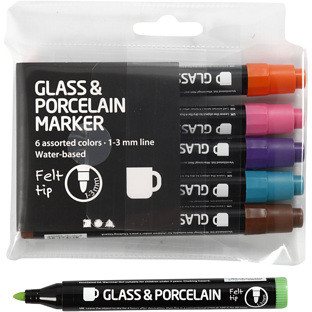 Glas- & Porseleinstiften extra kleuren, lijndikte 1-3 mm, semi-dekkend - 6 stuks