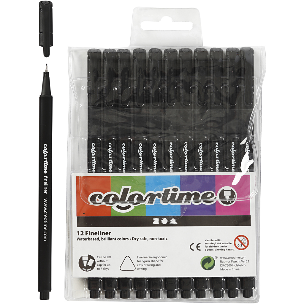 Colortime Fineliner/Pigment-Liner, etui 12stuks - zwart, lijnbreedten (0.6/0.7)