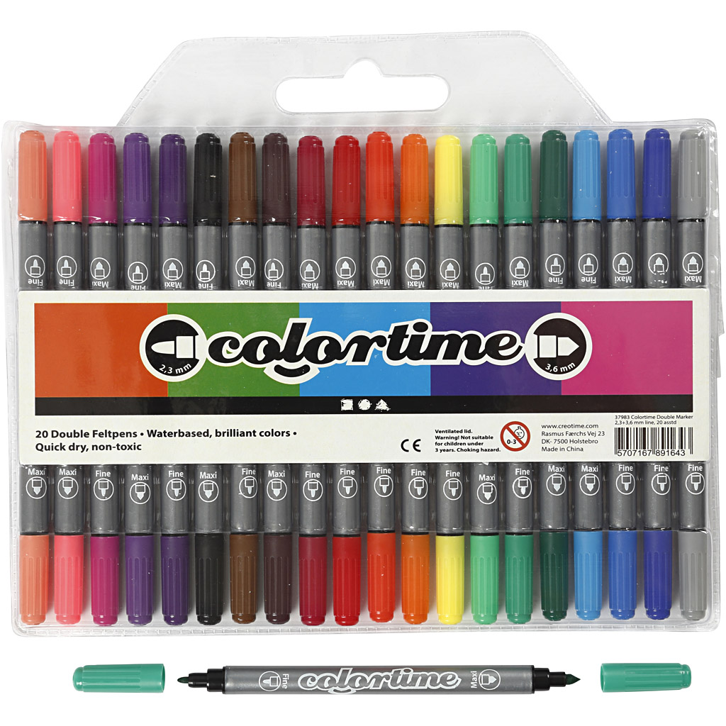 Feutres Colortime double pointe, trait 2,3+3,6 mm, couleurs classiques, 20 pièces