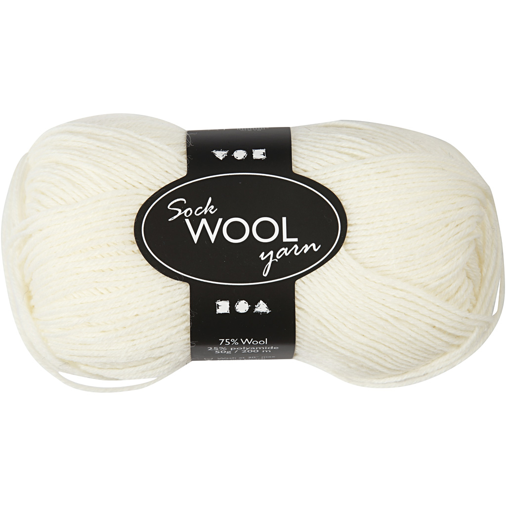 Pelote de laine pour chaussettes, L: 200 m, blanc cassé, 50 gr/ 1 boule