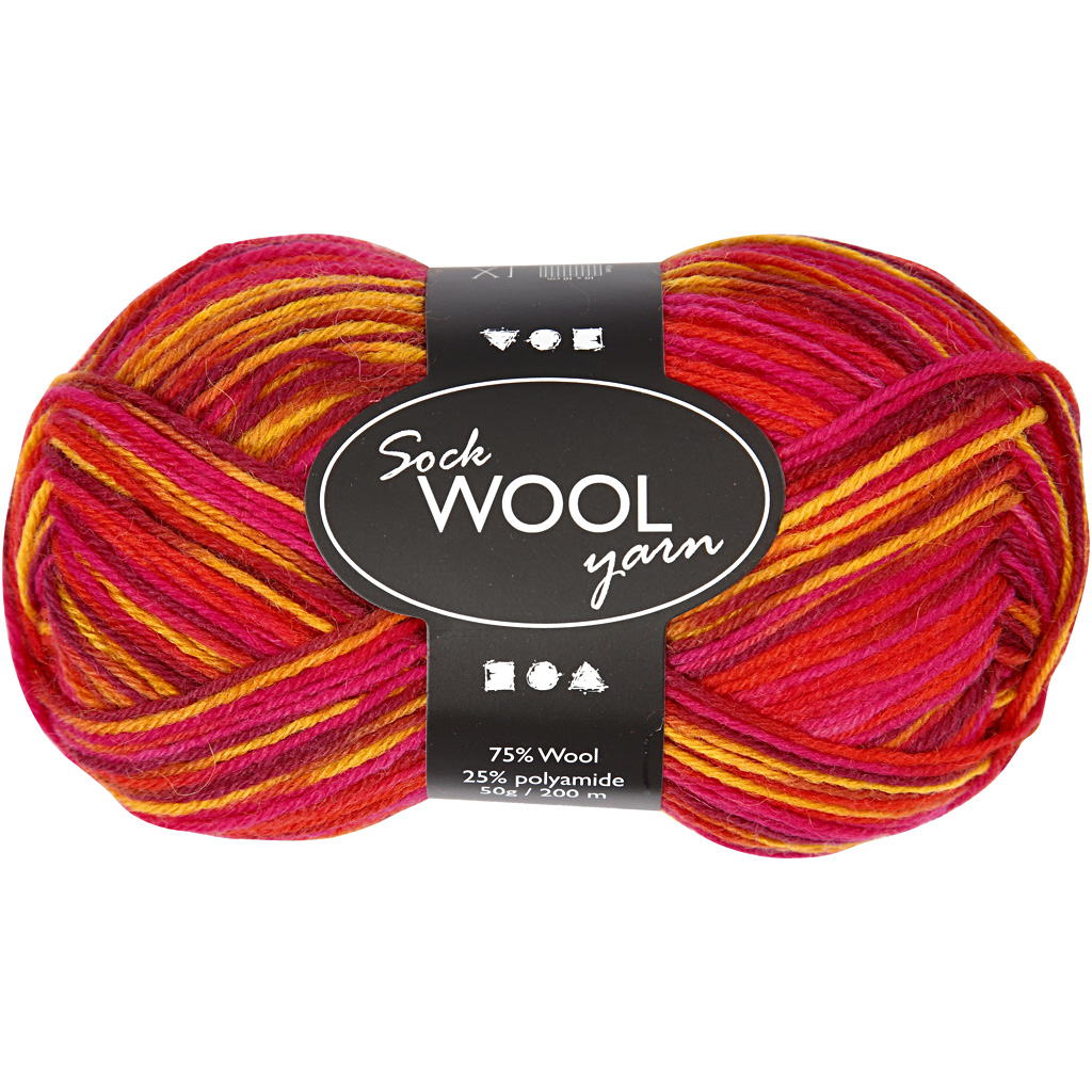 Pelote de laine pour chaussettes, L: 200 m, harmonie rouge/orange, 50 gr/ 1 boule