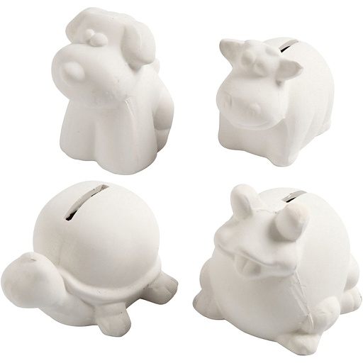 [CR50501] Tirelires en forme d'animaux, H: 7-10 cm, blanc, 4 pièce/ 1 boîte