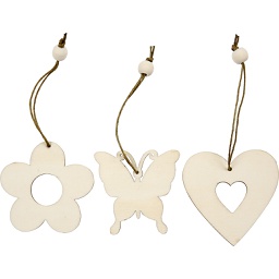 [CR56731] Houten decoraties, bloem, vlinder, hart, 6 cm, 9 stuks