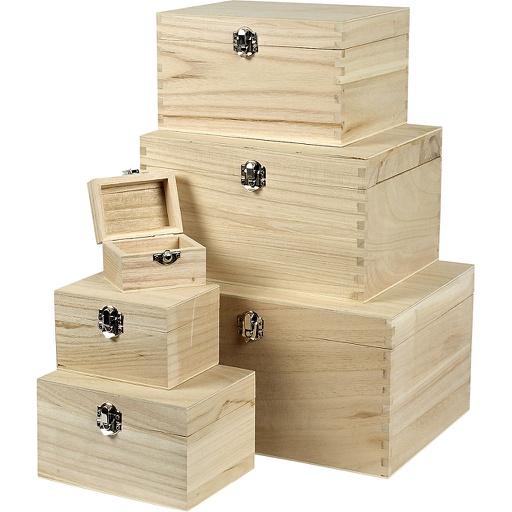 [CR57542] Set de boîtes en bois, H: 5+7+9+11+13+15 cm, L: 8+11,8+15,8+20+24+27,7 cm, L: 5,8+8,8+12+15+18+21 cm, 6 pièce/ 1 set