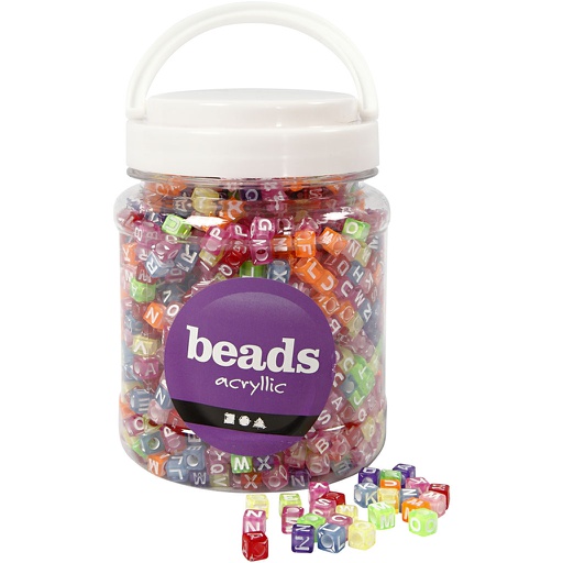 [CR61787] Perles avec lettres, dim. 7x7x7 mm, diamètre intérieur 3 mm, couleurs assorties, 700 ml/ 1 boîte, 450 gr