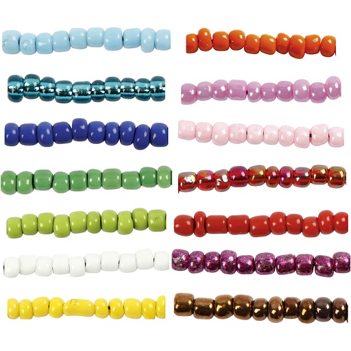 [CR68223] Perles de rocaille, d 3 mm, dim. 8/0 , diamètre intérieur 0,6-1,0 mm, ass. de couleurs, 14x25 gr/ 1 Pq.