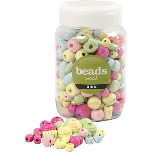 [CR684690] Perles en bois, d: 10-15 mm, diamètre intérieur 3-5 mm, bleu clair, vert clair, rouge clair, jaune clair, 400 ml/ 1 seau