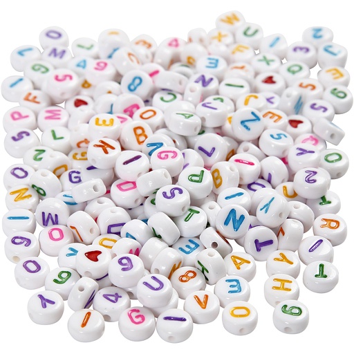 [CR69907] Perles lettres, dim. 7 mm, diamètre intérieur 1,2 mm, blanc, 200 gr/ 1 Pq.