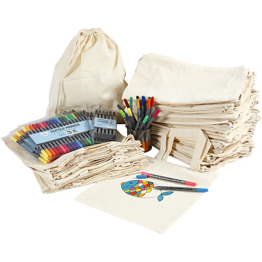 [CR97075] Des sacs à provisions et à cordons, à décorer aux feutres, dim. 27,5x30 cm, couleurs assorties, 1 set