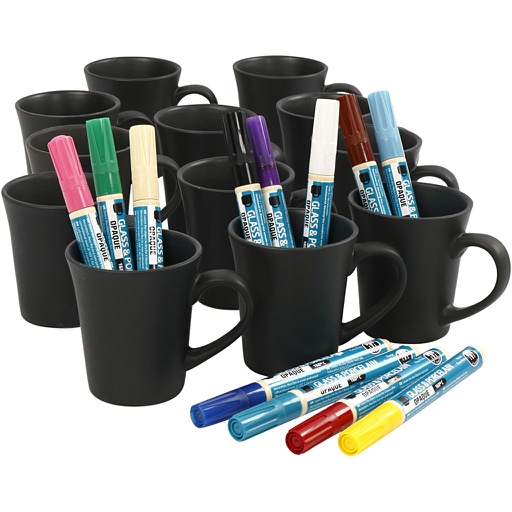 [CR97382] Porseleinen mokken om te versieren, zwart, set 36 tassen + 12 porseleinstiften
