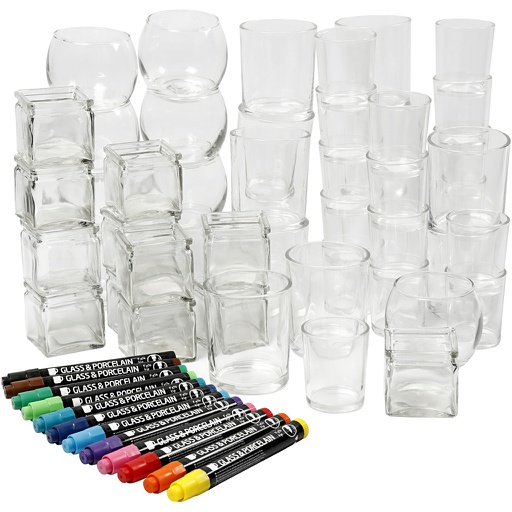 [CR97418] Kaarshouders in glas om te versieren, diverse vormen, 1 set à 72 stuks + 12 glasstiften