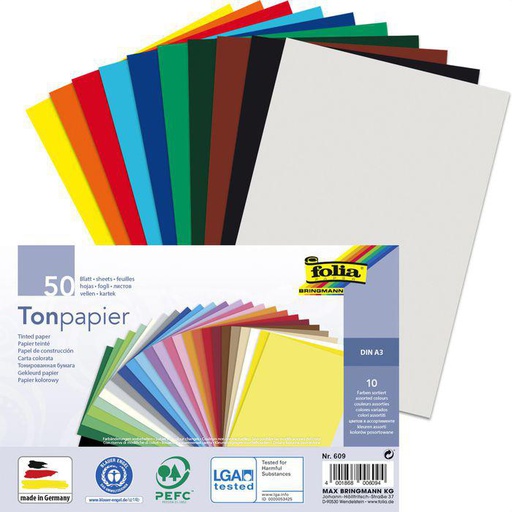 [FOL609] Papier à dessin teinté 130g/m², DIN A3, DIN A3, 50 flles, coloris assortis