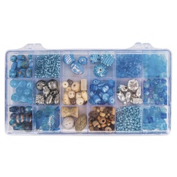 [R14115392] Boîte perles en verre, turquoise d'Inde, Mélange couleurs+tailles, Boite 240g