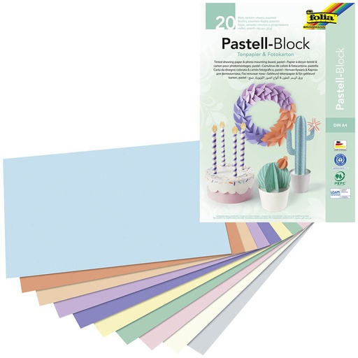 [FOL678] Blok pastel, gekleurd papier & fotokarton, DIN A4, 20 vellen - kleurassortiment