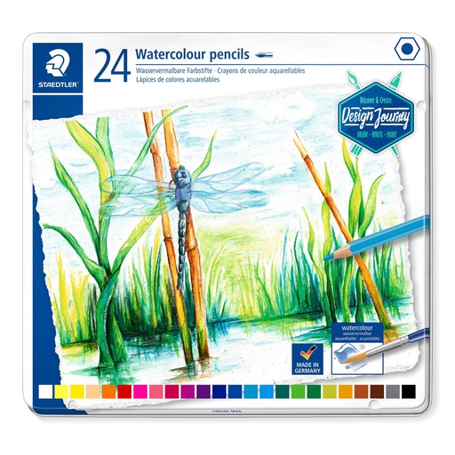 [S14610CM24] Staedtler crayons de couleur aquarel Design Journey étui métal 24 pc gamme de couleur