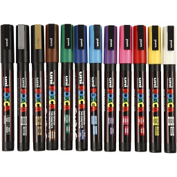 [CR274900] Posca Marker, diverse kleuren, afm PC-3M, lijndikte 0,9-1,3 mm, fijn, 12 stuk/ 1 doos