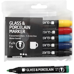 [CR31651] Glas- &amp; Porseleinstiften, standaardkleuren, lijndikte 1-3 mm, semi-dekkend, 6 stuk/ 1 doos