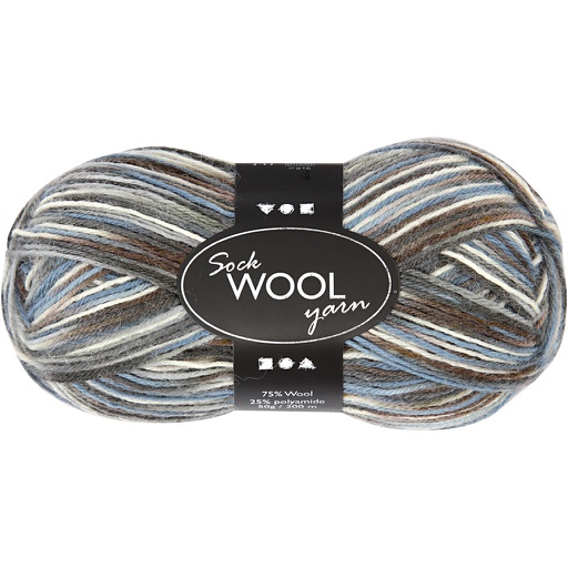 [CR41318] Pelote de laine pour chaussettes, L: 200 m, harmonie bleu/gris, 50 gr/ 1 boule