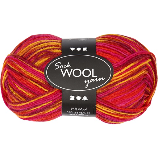 [CR41321] Pelote de laine pour chaussettes, L: 200 m, harmonie rouge/orange, 50 gr/ 1 boule